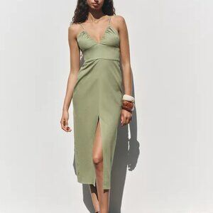 ZARA Green/Khaki Linen Midi Dress NWT